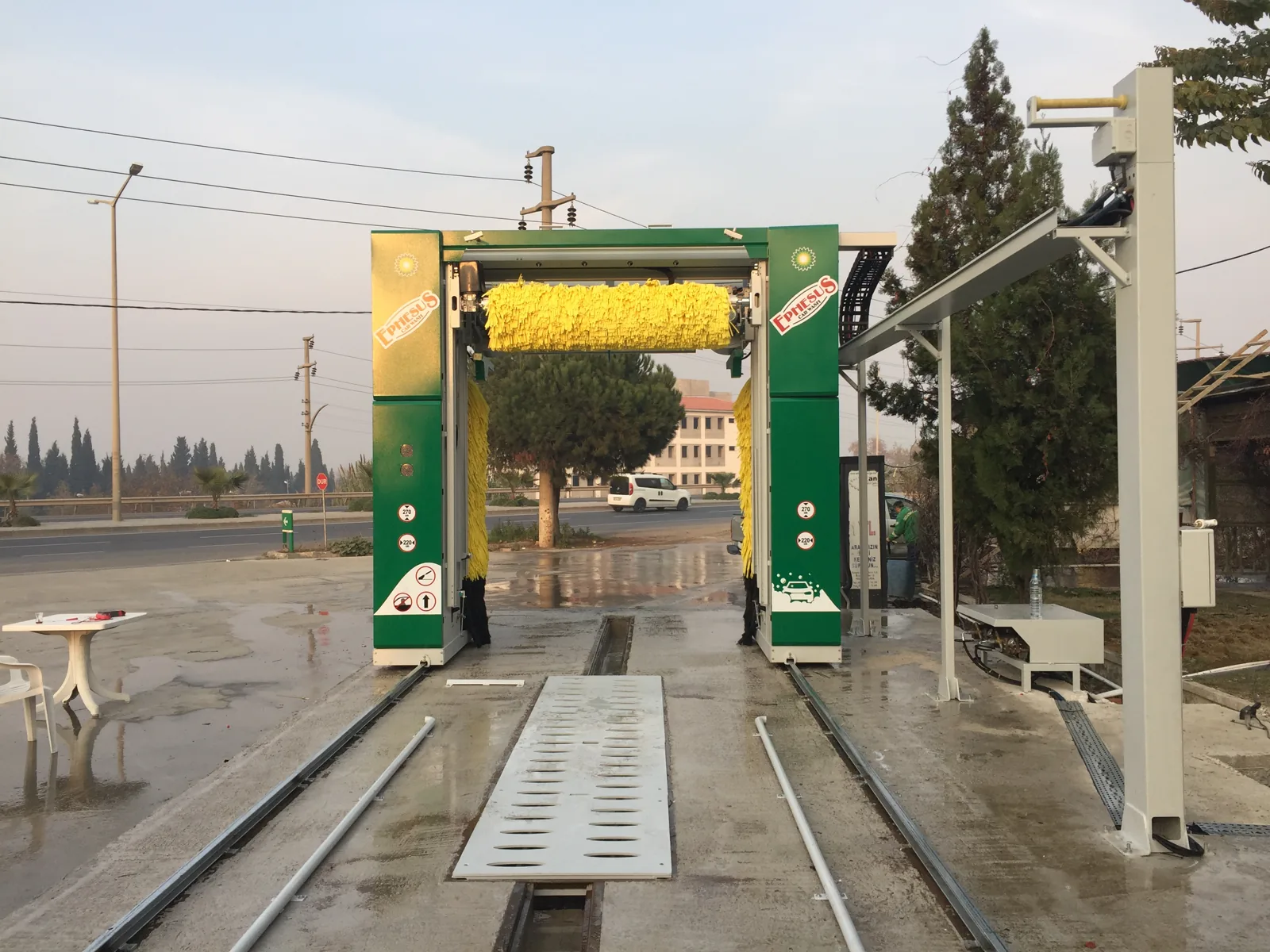 Ephesus rollover installed outdoors on a forecourt with no car in the bay