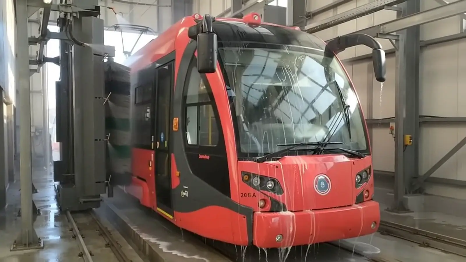 A low-floor tram passing through a Europe Makine rail wash hall