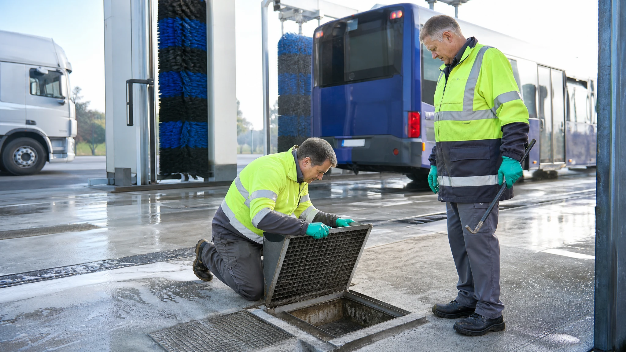A technician lifting a grate over an in-ground interceptor sump on a car wash forecourt while a colleague stands by with tools