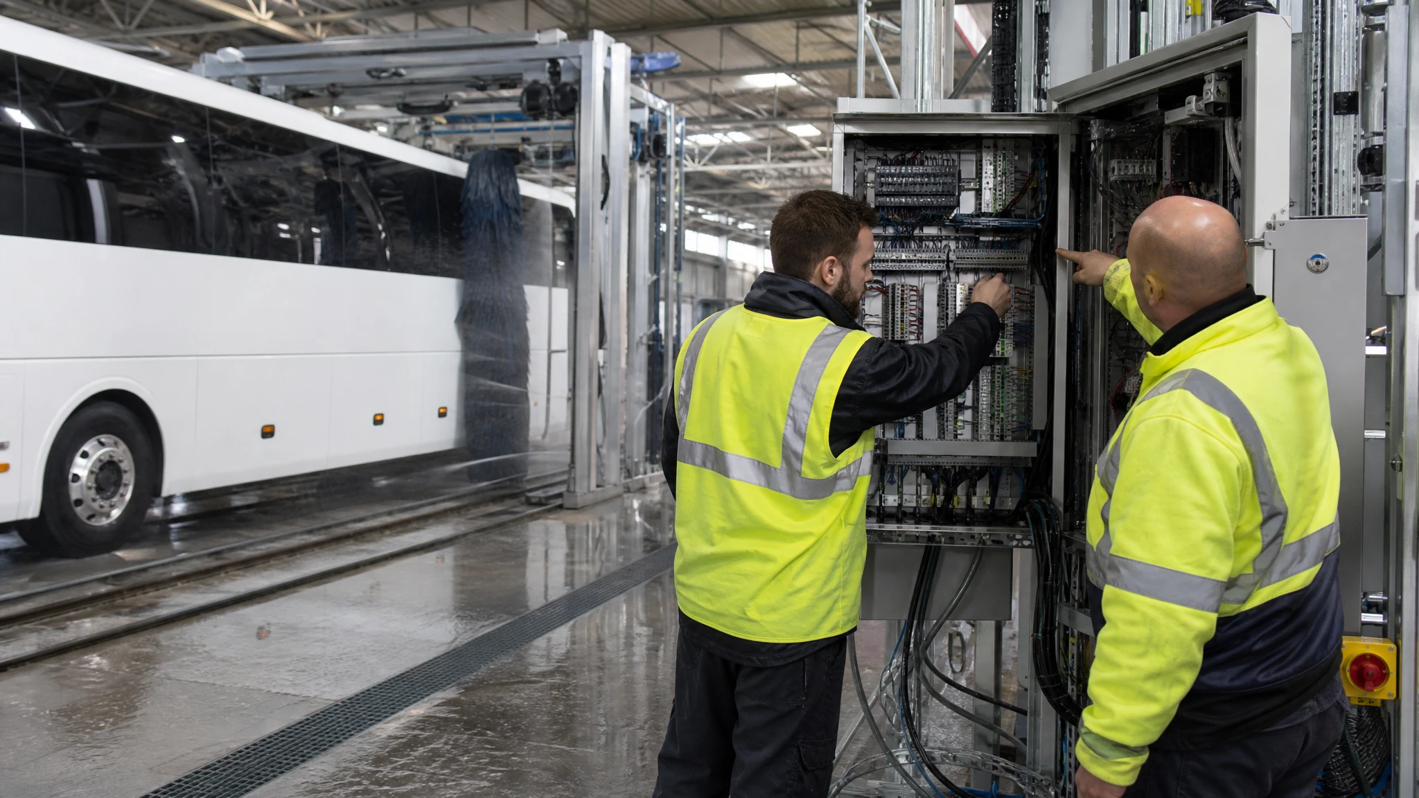 Two technicians examining an open industrial control cabinet on a car wash equipment factory floor