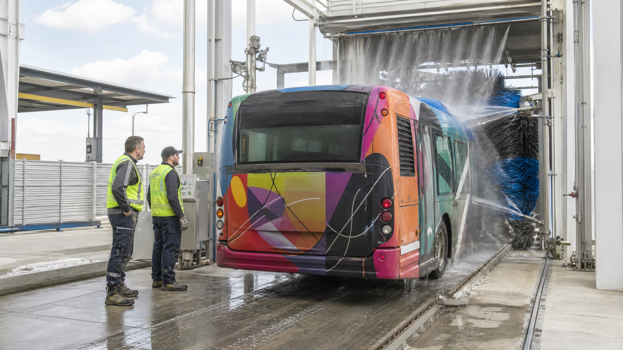 A wrapped city bus entering an automated wash gantry while two technicians observe from the side of the depot bay.
