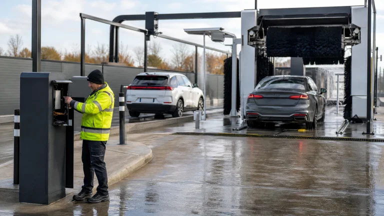 A technician adjusting controls at an express car wash entrance while two cars wait in the member lane behind