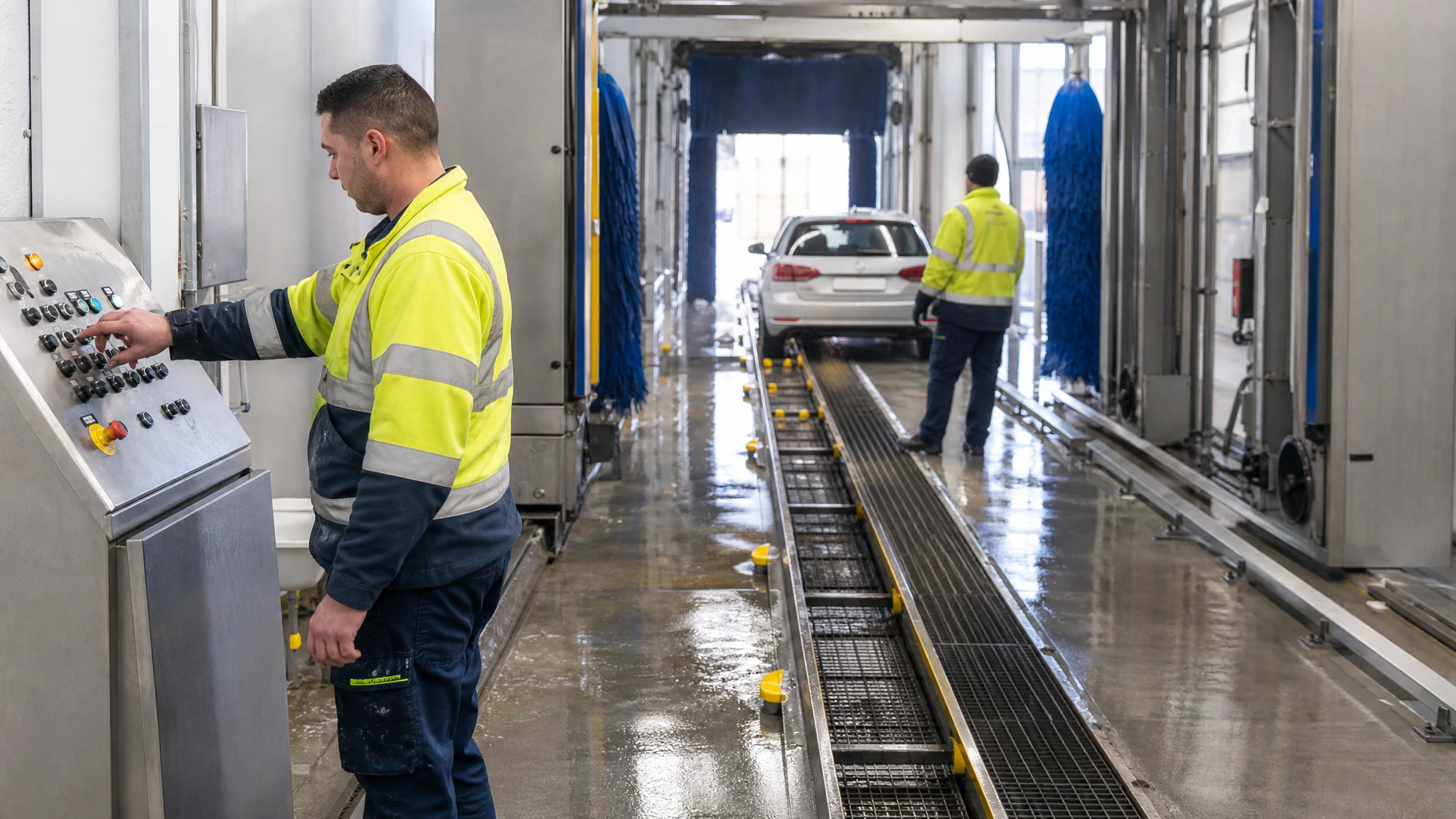 A wash technician at a control panel while a colleague loads a car onto the conveyor inside a tunnel car wash