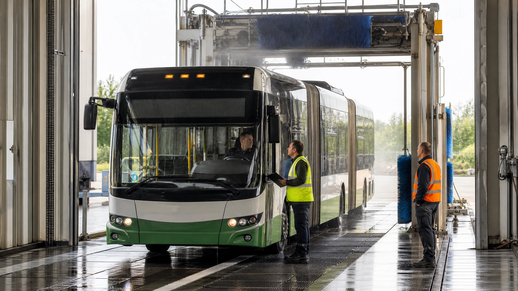 A city bus entering a depot wash gantry as a driver in a hi-vis vest checks paperwork by the cab and a technician looks on.