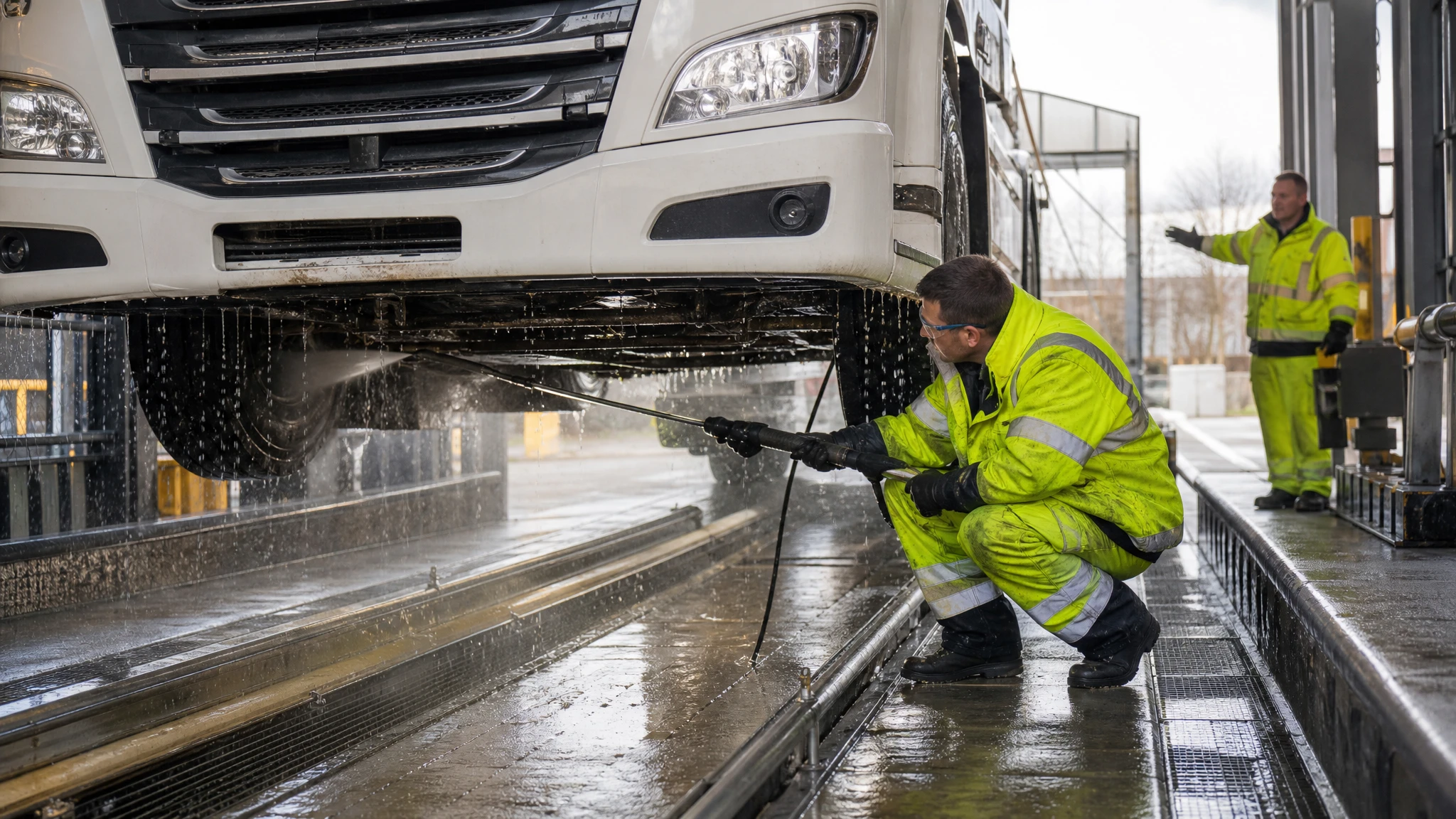A technician in hi-vis washing the underside and front axle of a large truck on a depot wash pad while a colleague guides the vehicle