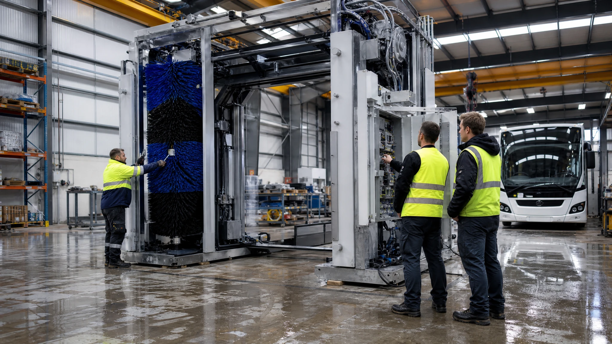 A dealer and an engineer examining a control panel on a rollover car wash gantry on a manufacturing floor while a technician checks a brush assembly